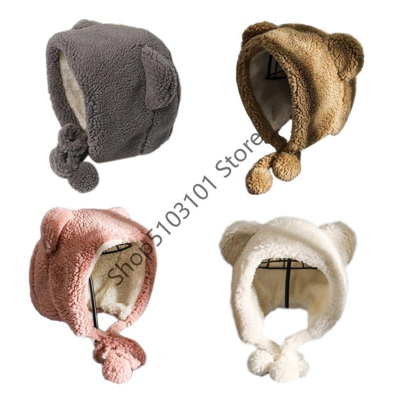 X6HE Winter Beanie Hat for Women Warm Thicken Faux Fleece Plush Hat Bear Ears Outdoor Skull Earflap Trapper Cap
