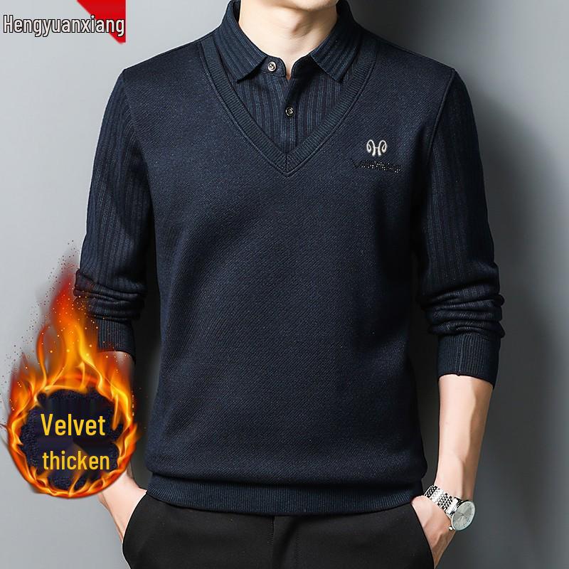 Hengyuanxiang Men's Pure Cashmere Two-Piece Look Thickened Winter Sweater