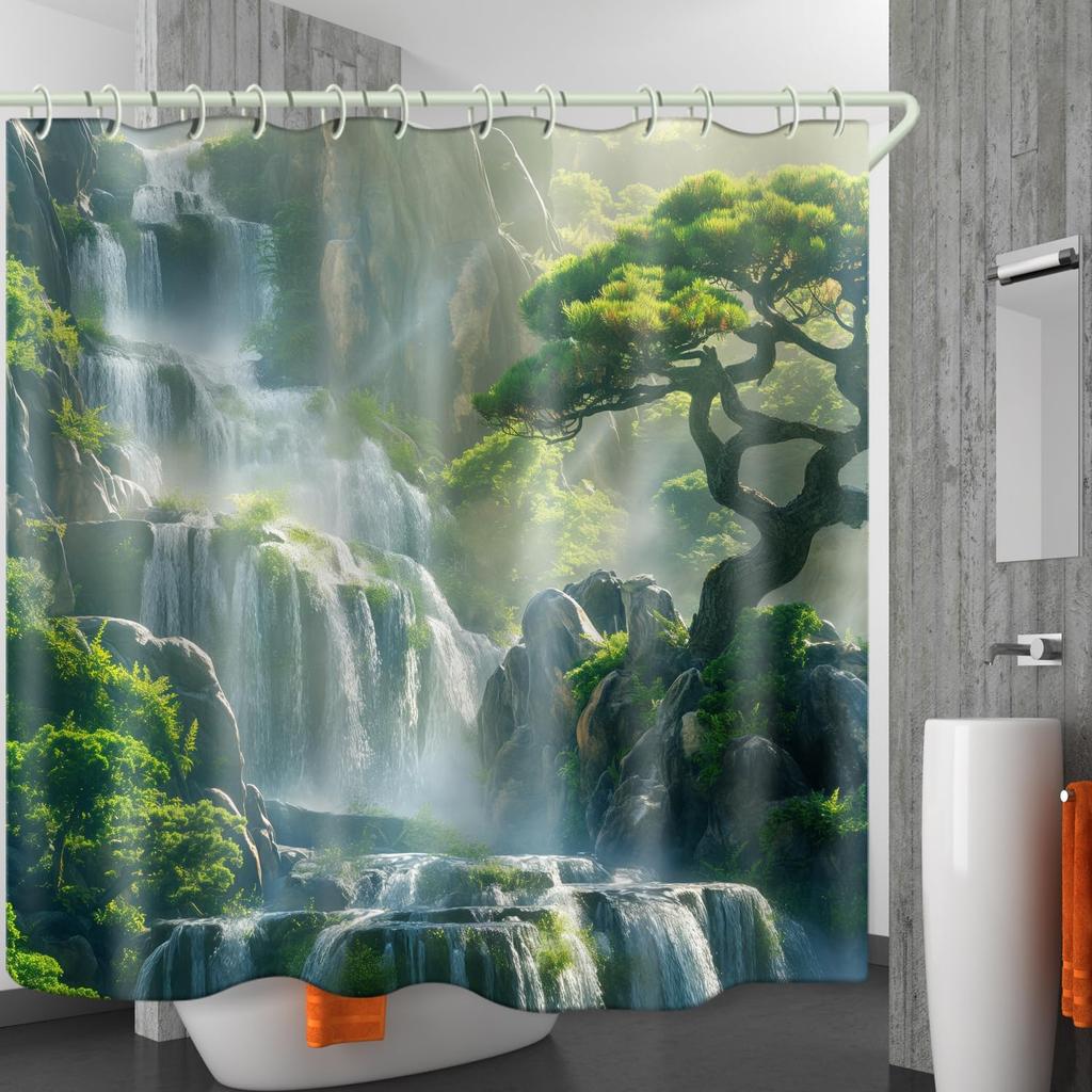 Bathroom Uses Waterfall 3D Shower Curtain, Luxury Bathtub Standard Shower Curtain, Waterproof and Bright Fabric Shower Curtain W