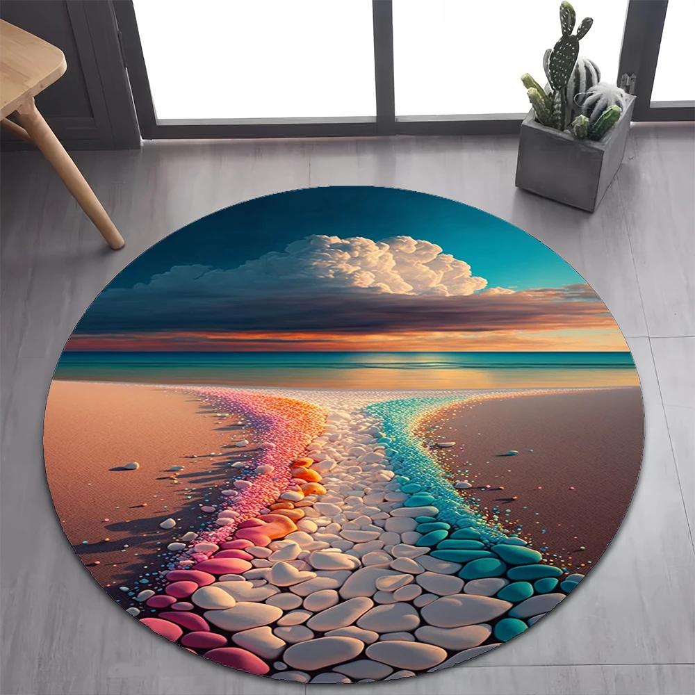 2025 New Style Colorful Pebble Rainbow Road Beach Stone Round Carpet Rug for Bedroom Living Room Decoration,pet Decor Floor Mat
