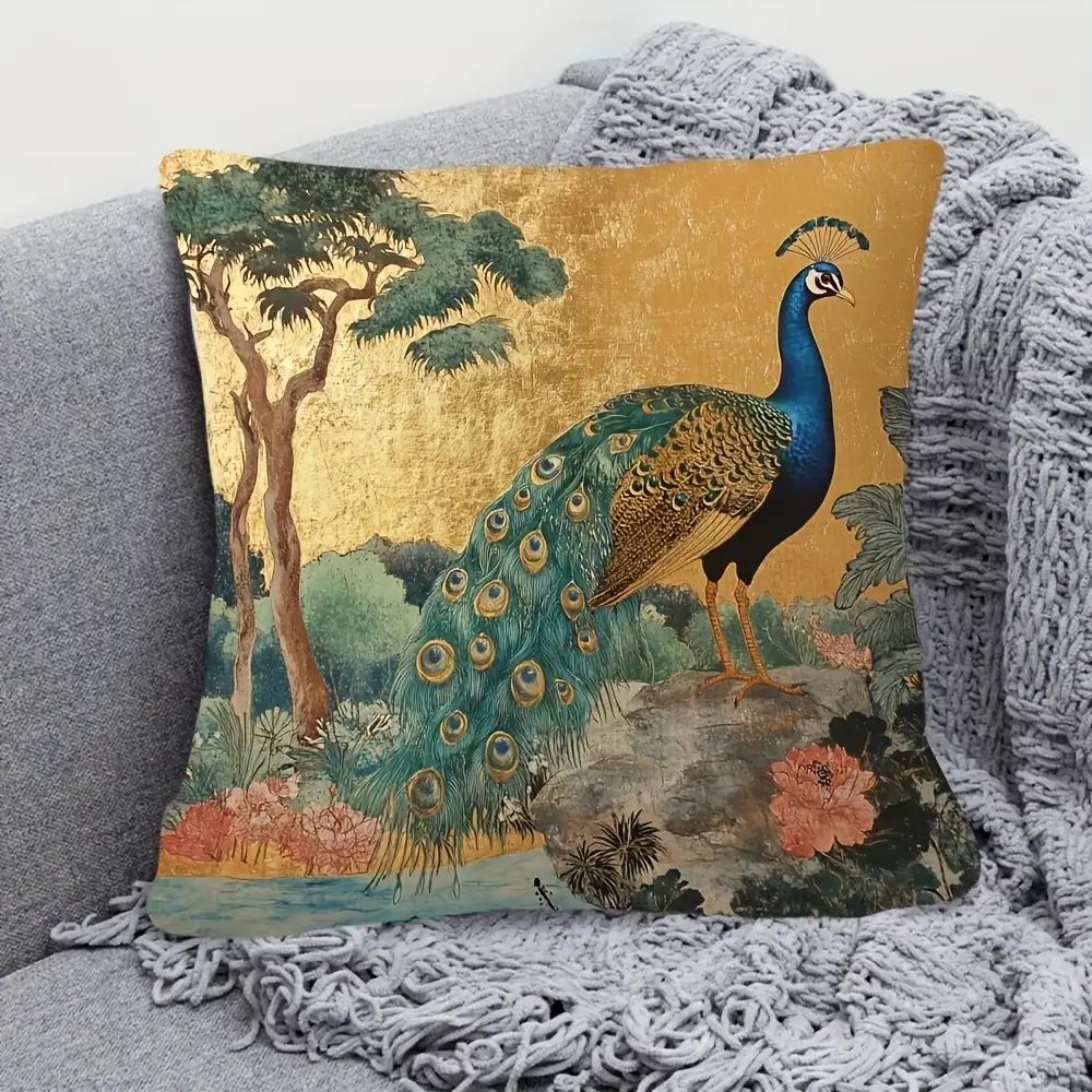 Funda de Cojín Decorativa 2D Plana - Pavo Real con Lámina de Oro Vintage Estilo Asiático Funda de Cojín Vida Silvestre del Jardín