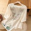 Camisa de Algodón y Lino con Cuello en V Bordada para Mujer Verano Estilo Fino Manga Media Suelta Top Camisa Pequeña