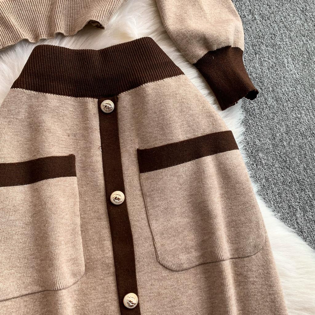 Autumn Winter Women Casual Knitted Sweater Two Piece Set V-neck Pullover Tops and Long Maxi Big Swing Skirt Suit