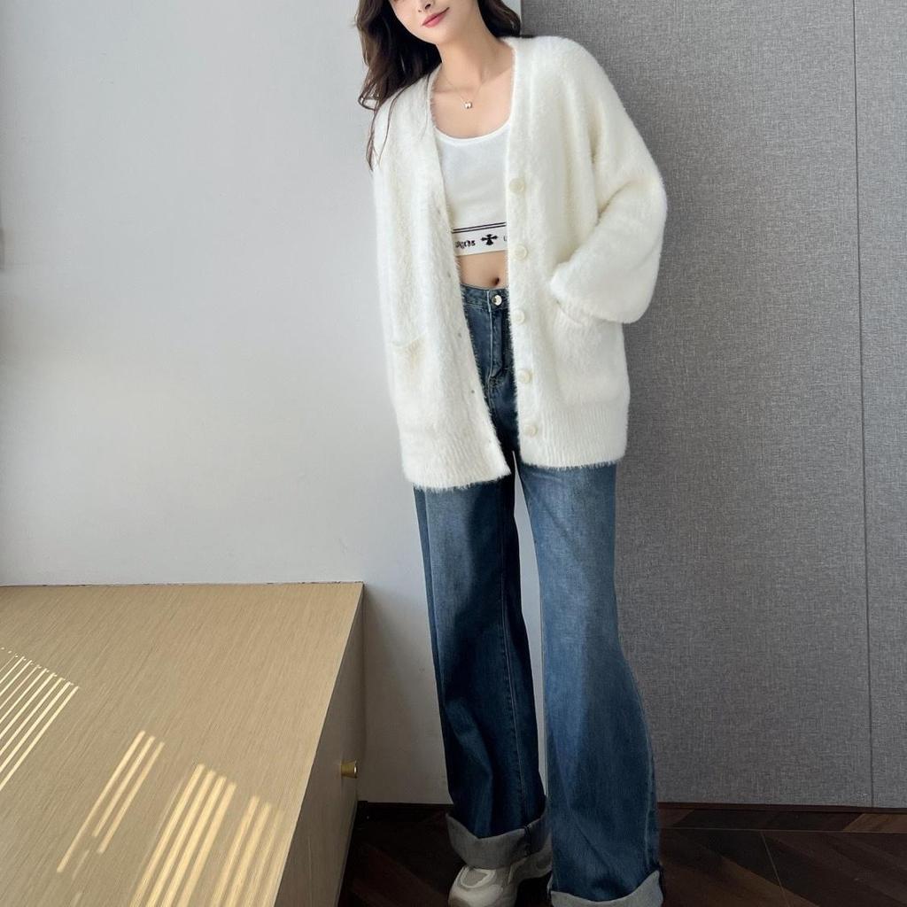 Koreanischer Lässiger Auslandsstil, Ballonärmel mit doppelten Taschen, Weicher Wachsartiger Imitat-Nerzsamt mit V-Ausschnitt, Sanfter Windpullover, Damenjacke, Herbst und Winter