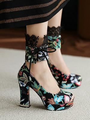 Printed Round Toe Chunky Heels High Heels Lace Up Retro Chunky Heels Women's Wedding Shoes Super High Heels Women's Shoes 2025