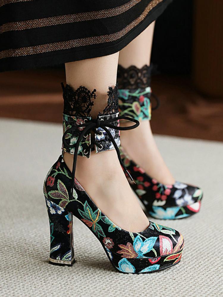Fashion Printed Round Toe Chunky Heels High Heels Lace Up Retro Chunky Heels Women's Wedding Shoes Super High Heels Women's Shoes 2025