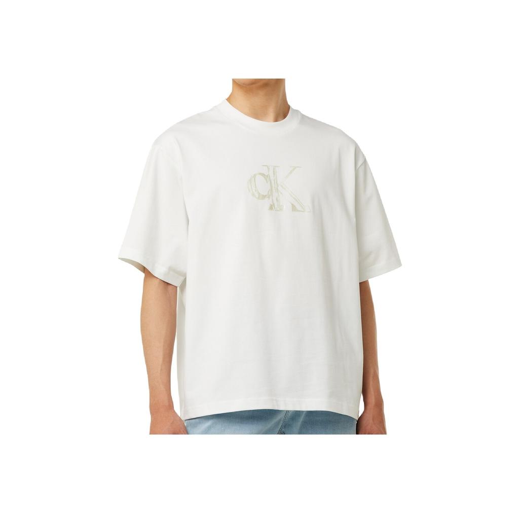 Calvin Klein Jeans Casual Letter Print Loose Cotton Heavyweight Short Sleeve T-Shirt Men Tops White J325509-YAF