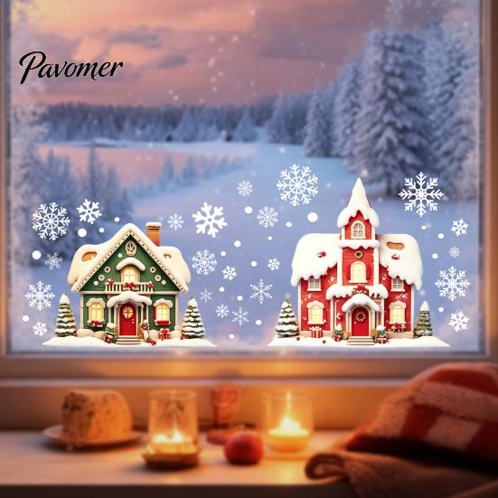 Christmas Window Clings Cabin Static Glass Stickers, PVC Snow House Windows Decals for Holiday Home Indoor Outdoor Decor Decor, Reusable Waterproof