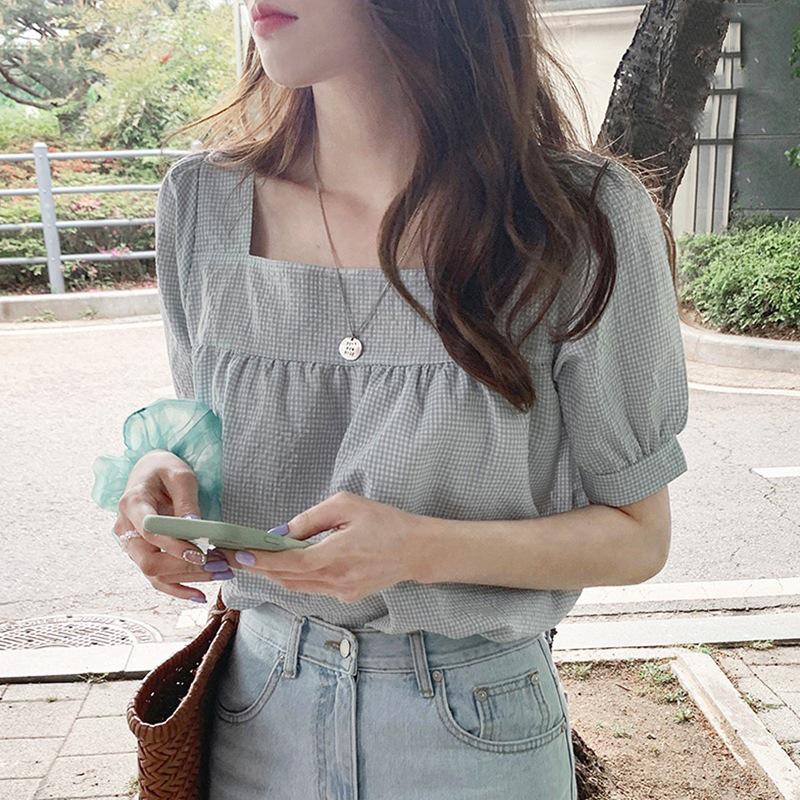 Hong Kong Style Puff Sleeve Plaid Shirt - Women's Summer Sweet Collarbone-Revealing Top