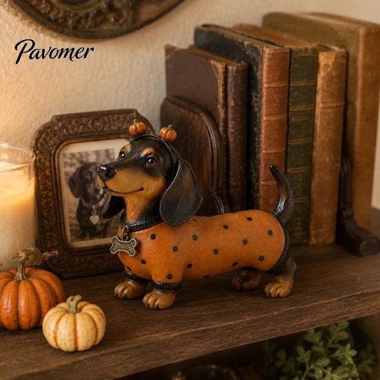 Cute Dog Figurines for Thanksgiving Fall Harvest Dachshund Figurine, Halloween Statue with Pumpkin Headband Polka Durable Resin Craft Ornaments