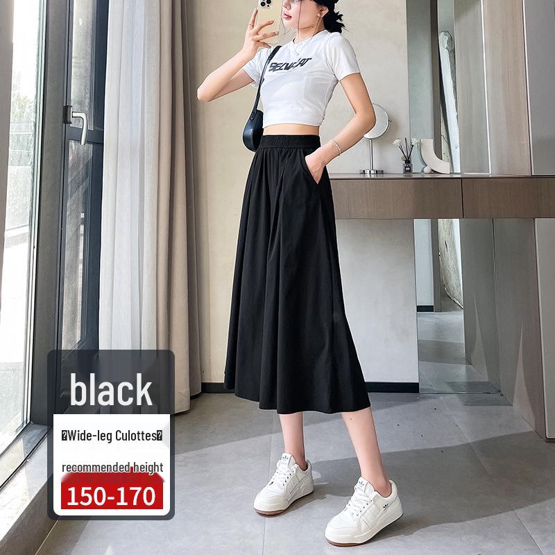 

Women s Ice Silk Chiffon Wide-Leg Pants - Petite, High Waist, Elastic, Straight Leg, Thin Season, Casual Draping Style. M (48-54 kg) чёрный