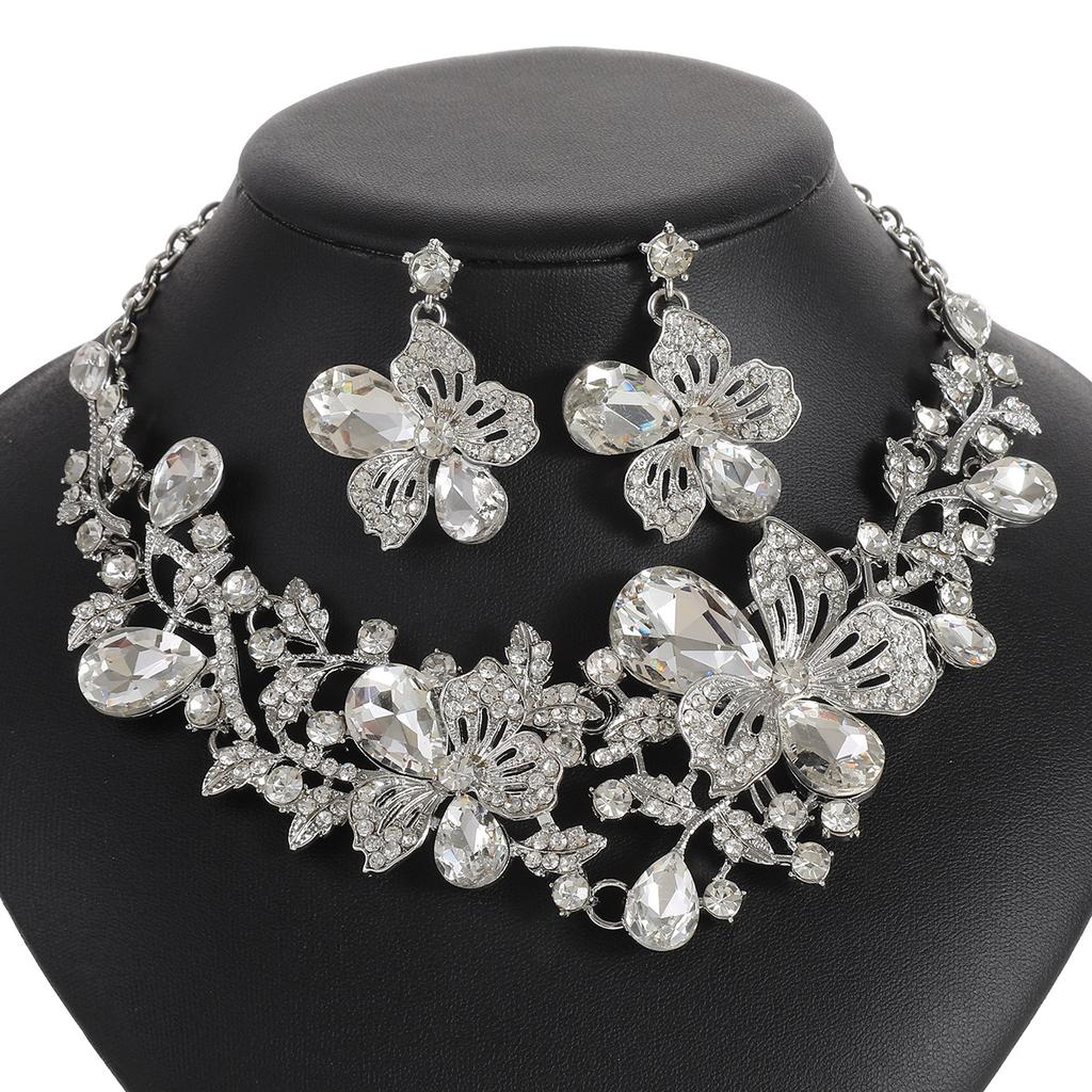 2026 European and American Exaggerated Necklace Earrings Set Women's Fashion Alloy Chain Flower Bridal Accessories