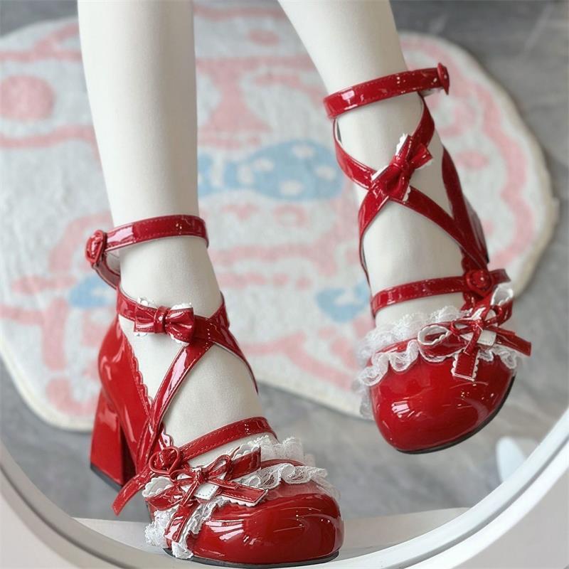 Cute Little White Shoes Lolita Lace Small Leather Shoes Round Head Lace Doll Sweet Girl Medium Heel Mary High Heels