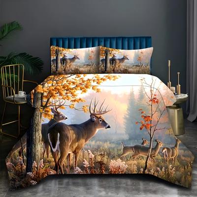 Deer Floral Pattern 3D Printed Duvet Cover Retro Artistic Style Bedding Set For Kids Teens Adults Wildlife Theme Quilt Cover