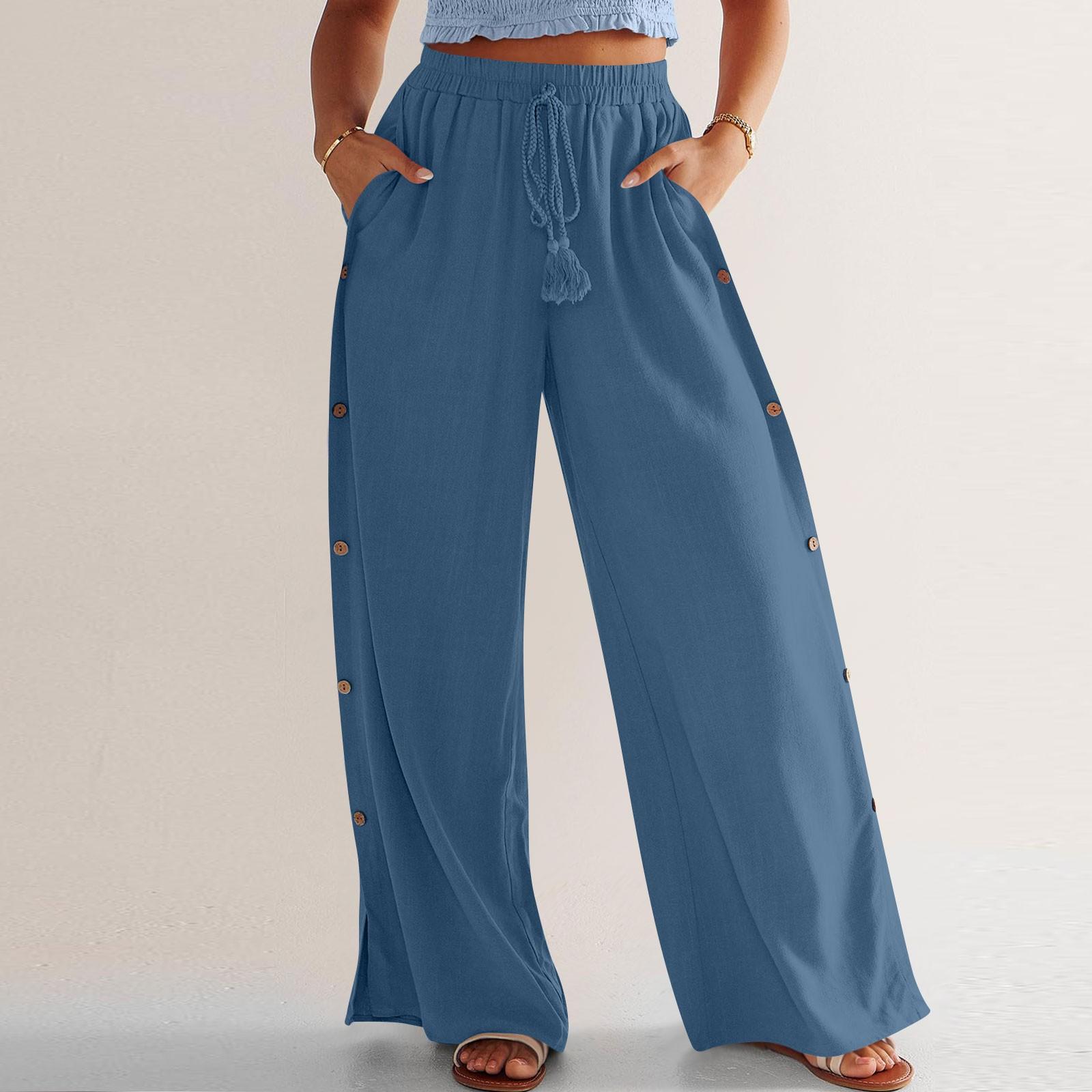 

Женские однотонные брюки с эластичным поясом и пуговицами, широкие брюки с высокой талией XXXL синий