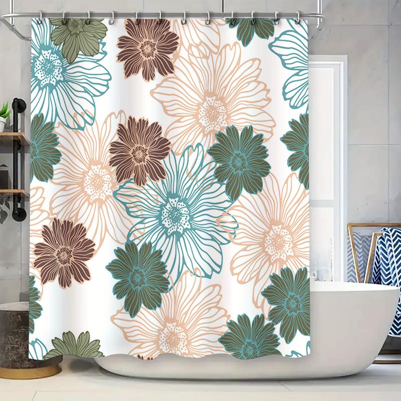 

Floral Printed Shower Curtain White Green Brown Blue Pink Flowers Waterproof Bathroom Decor Bath Mat Set For Home Living Room 72 W60H190(CM)-1 Pcs