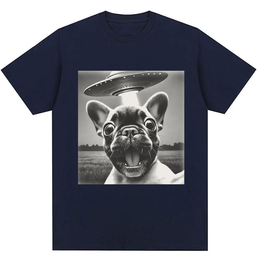 2026 Spring_Summer French Bulldog UFO Funny Emoji Pack Pattern Retro Fashion Men's and Women's Short Sleeve Shirt