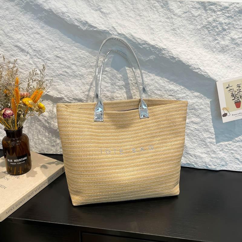 

Large-capacity Leisure Travel Vacation Beach Bag Women Simple All-matching Straw Woven Portable Underarm Tote срібний