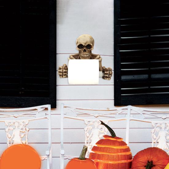 Creative Skull Toilet Paper Holder Wall Mount Paper Rack Simple Installation Halloween Skull Tissue Dispenser Bathroom Decoration