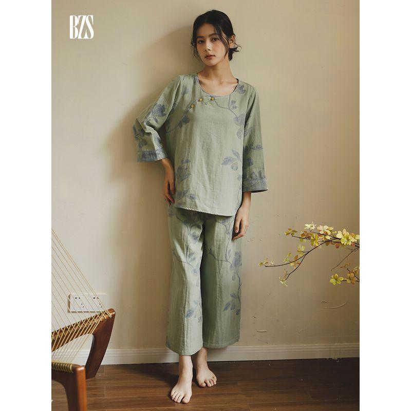 Pure Cotton Double-Layer Gauze Pajamas Women's Chinese Ancient Style Print Long Sleeves round Neck Chinese Style Plus Size Loose Homewear Suit