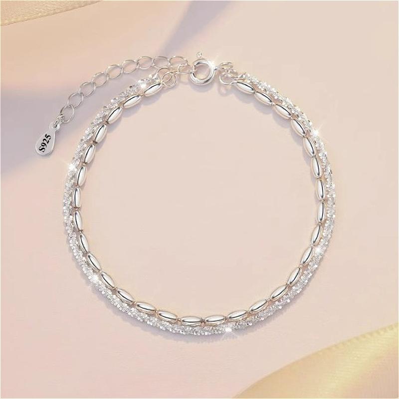 Funkelnde doppelreihige Armbänder für Damen Mädchen Vintage 925 Sterling Silber Kleine Perlen Kette Armband Tägliches Tragen Zirkon Geschenke