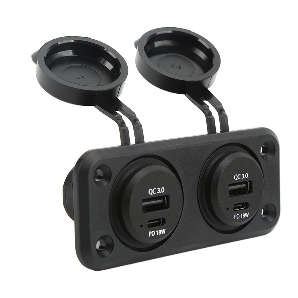 Dual Port Car Charger 2 Way DC 10‑30V USB TYPE C Power Outlet Socket with Mounting Panel Charging Adapter for RVs Boats