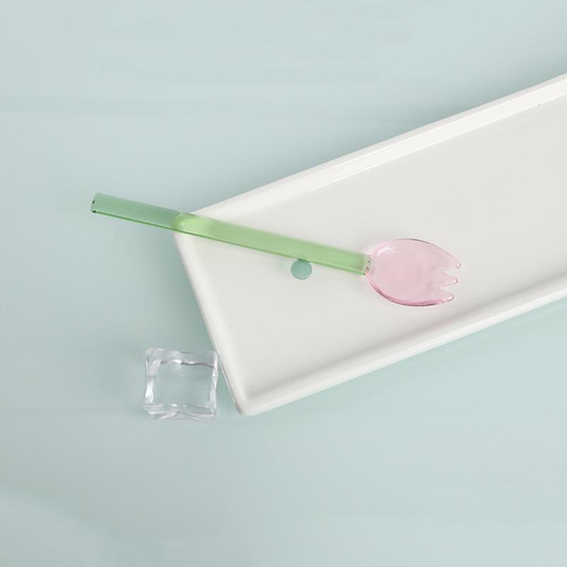 Cucchiaio di Vetro con Manico Lungo Cucchiaio da Dessert in Vetro Trasparente Creativo a Forma di Fiore Colorato Cucchiaio Agitatore per Caffè Bastoncino Bar