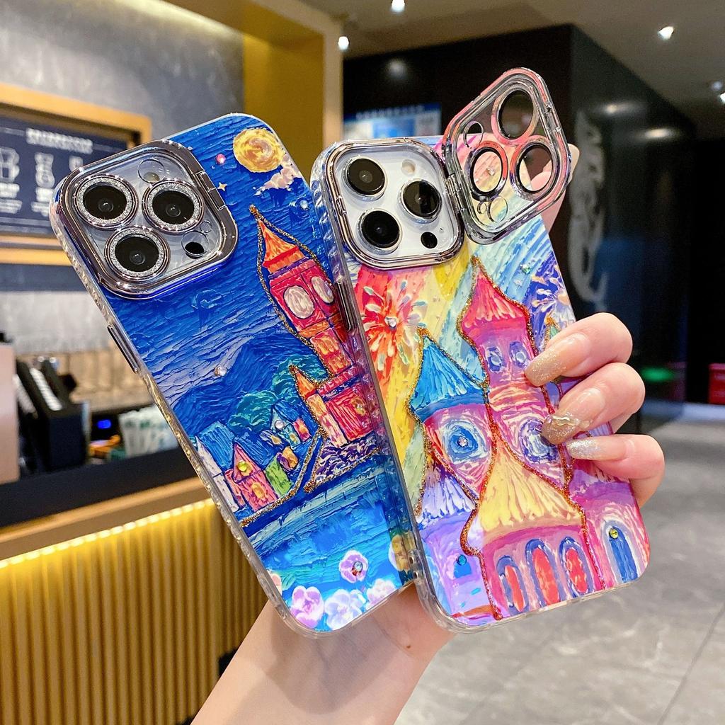 Applicable To IPhone 16 Blu ray Castle Mobile Case Oil Painting Apple 15 with Bracket 14proMax Anti Fall Protection Case