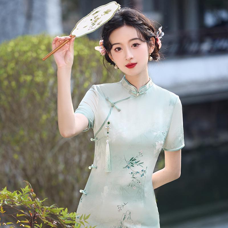 2025 Summer Elegant Long Cheongsam - Young Style with Stand Collar & Slit