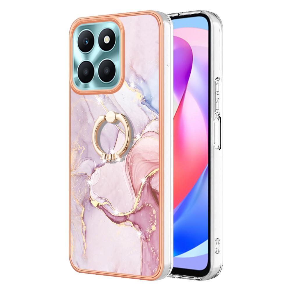 For Honor X6a 4G Case with Ring Kickstand Marble Pattern Electroplating TPU Back Cover