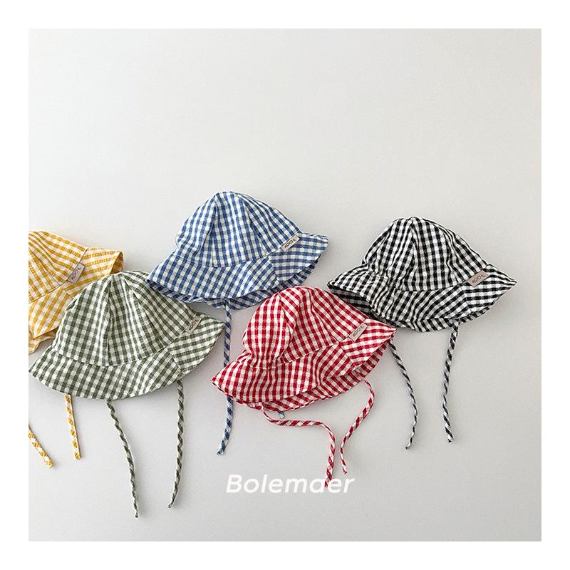 Baby Hat 46-48cm 6-24 Months Summer Thin Toddler Baby Wide Brim Sun Hat Adjustable Strap Plaid Kids Sun Protection Bucket Hat