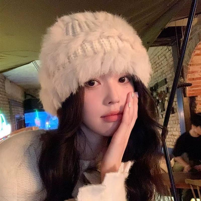 Winter Cute Fluffy Rabbit Fur Blend Bucket Hat For Big Face