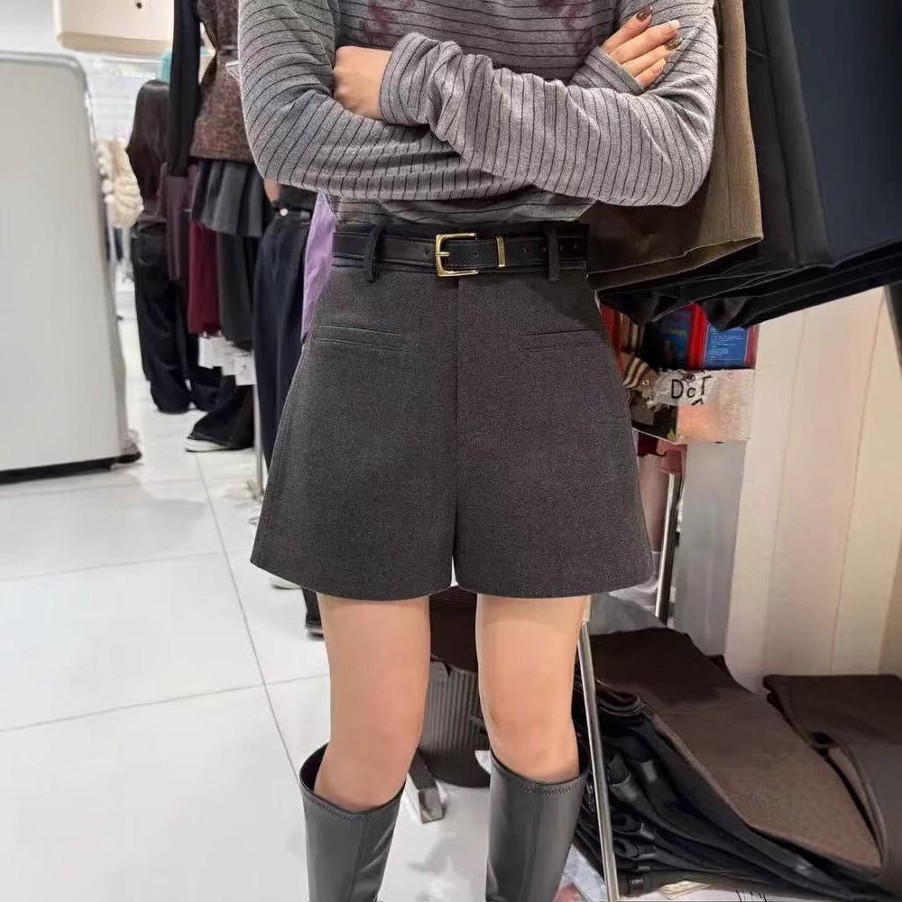 Women's Gray Wool Blend High Waist Bootcut Pants for Autumn/Winter - Loose Fit, Wide Leg, Straight Cut.