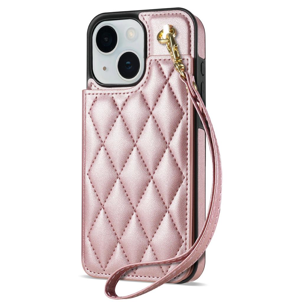 Für iPhone 15 Hülle mit Handschlaufe Kartenfächer Rautenmuster Leder+TPU Handyhülle