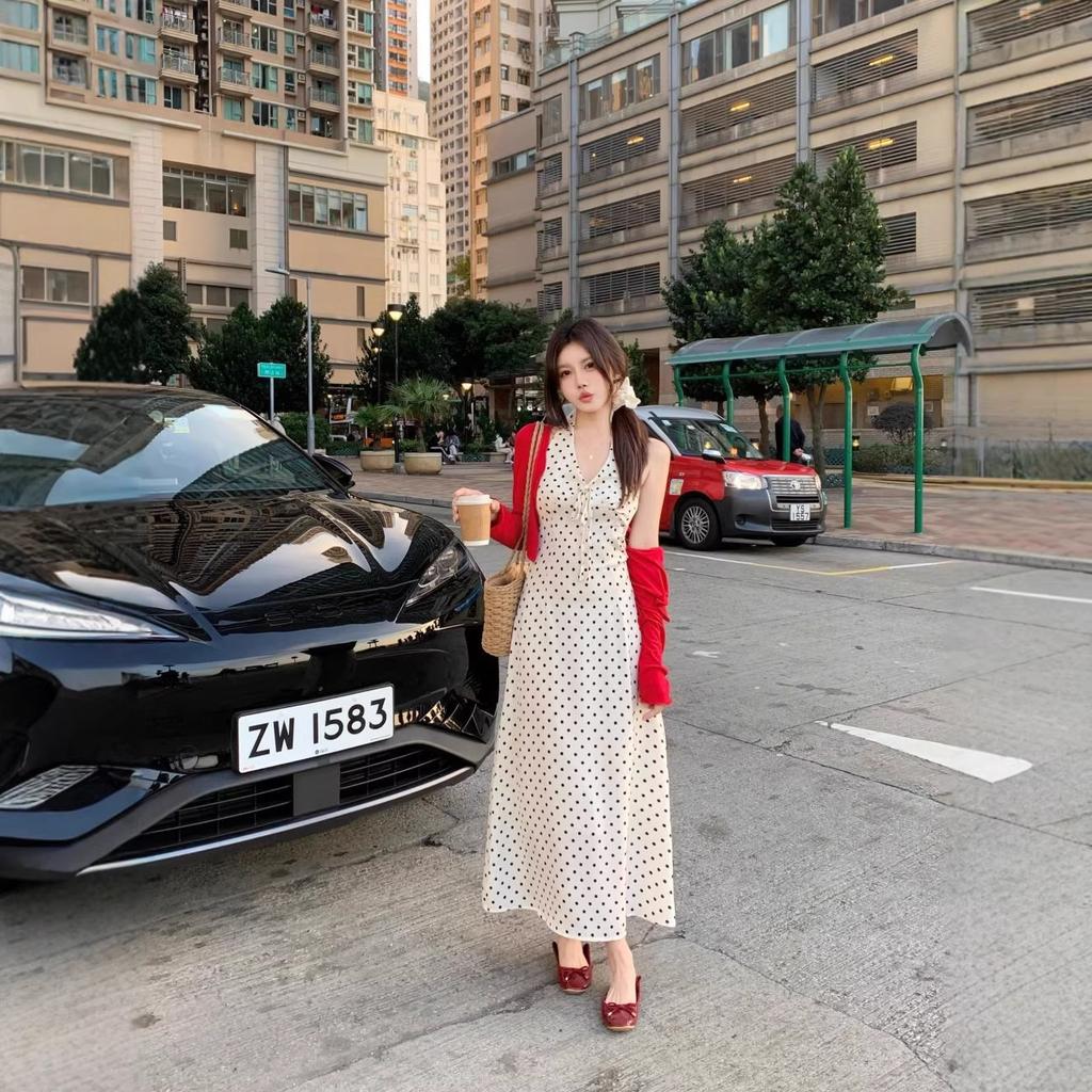 Vintage sweetheart Vneck polka dot neck dress women's summer backless strap sleeveless vest long dress