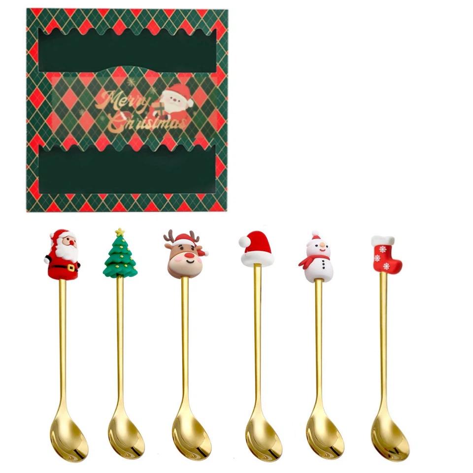 Weihnachtsgeschirr Edelstahl Löffel Gabel Set Kreativer Schneemann Löffel Kaffeelöffel Obstgabel Perfekte Feiertags-Tischdeko