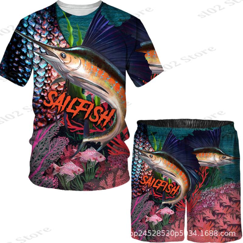 New Men's Short Sleeve Shorts Set Fashion 3D Digital Fish Printing Men's Beach Casual Set