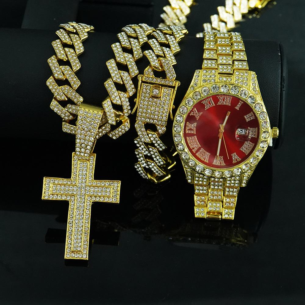 Set Collana Bracciale Catena Cubana Diamantata da Uomo 15mm Hip Hop Moda alla Moda Ciondolo Regina con Collane Catene Moda Complete