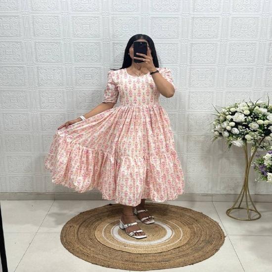 Vibrant Floral & Block-Printed Cotton Puff-Sleeve Tiered Midi Dresses