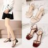 Fashion Red Ladies Shoes Rivet High Heels Buckles Summer 2024 Square Heeled Black Pumps Sandals for Women Vintage Footwear F Luxury Vip