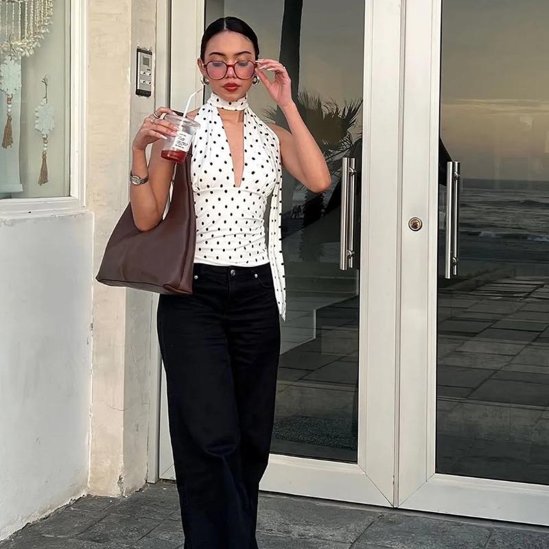 French Retro Style Dot Print V-neck Halter Top for Women S белый