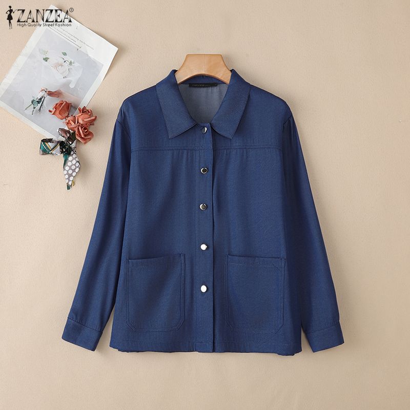 ZANZEA Women Casual Turn Down Collar Loose Long Sleeve Blouse