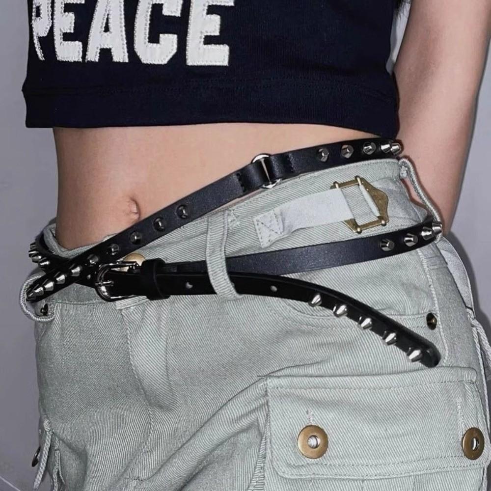 Curea Subțire cu Nituri pentru Femei, cu Cataramă Dublă, pentru Rochie, Blugi, Curea de Talie din Piele, la Modă, Streetwear