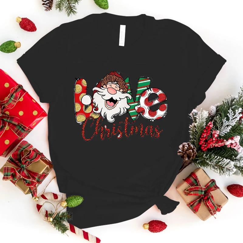 Fashion Christmas Love Santa Claus Print T-Shirt Girl T Shirt Soft Print Top Unisex Tee Clothing Casual O-Neck Short Sleeve
