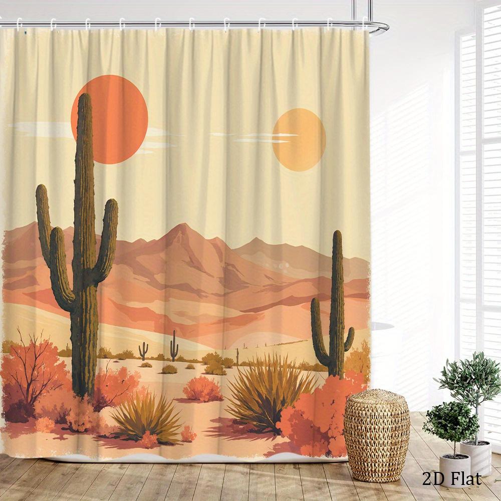Desert Landscape Shower Curtain Mid-Century Cactus And Sunset Print Polyester Bath Curtain With 12 Hooks For Boho Decor