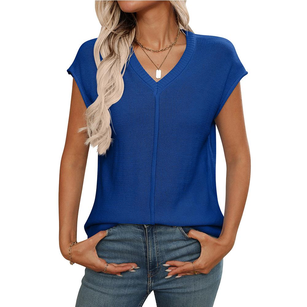 Summer Women's V-neck Top Knitted Coarse Needle Casual T-Shirts