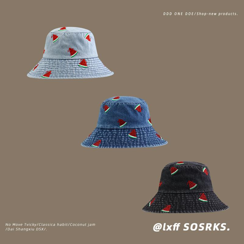 Hat women's new arrivalembroider denim bucket hat wide brim sunshade easiest for match outdoor trendy wind basin hat