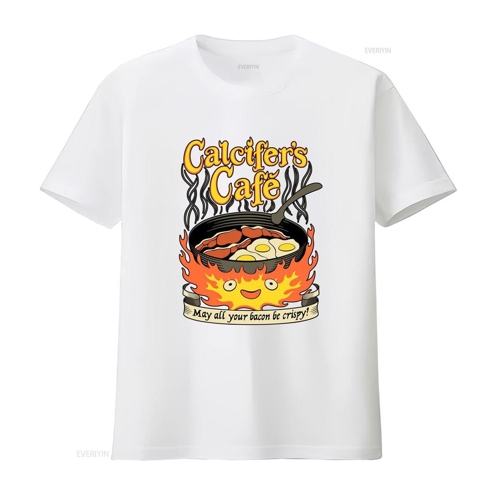 Calcifers Cafe T Shirt May All Your Bacon Eggs Be Crispy Fun Cooking Design Vintage Washed Casual Breathable Graphic