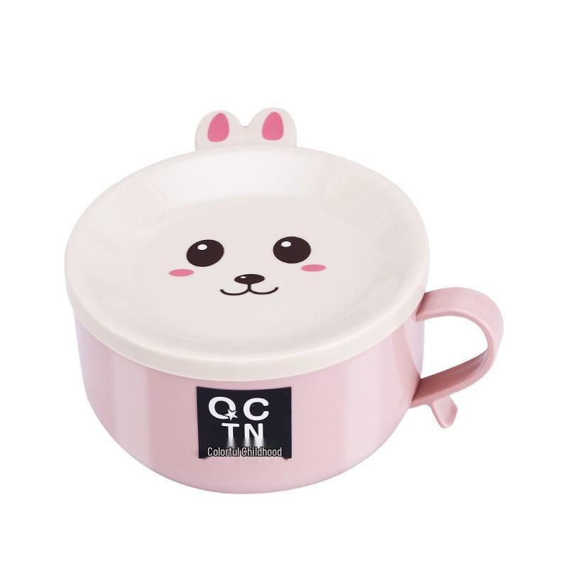 Stainless Steel Insulated Baby Bowl with Lid and Spoon - Double Handle Cartoon Design