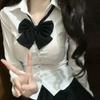 Women's Two Piece Outfit Short Sleeve Blouse V-Shaped Waist Pleated Skirt Preppy Academy Style JK Uniform Matching Set